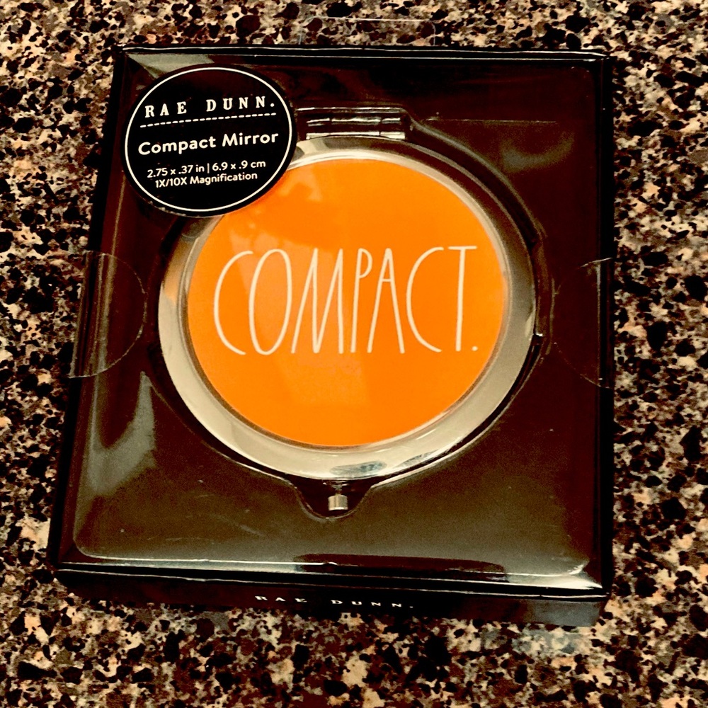 RAE DUNN COMPACT MIRROR SUNSET ORANGE WITH SILVER TRIM